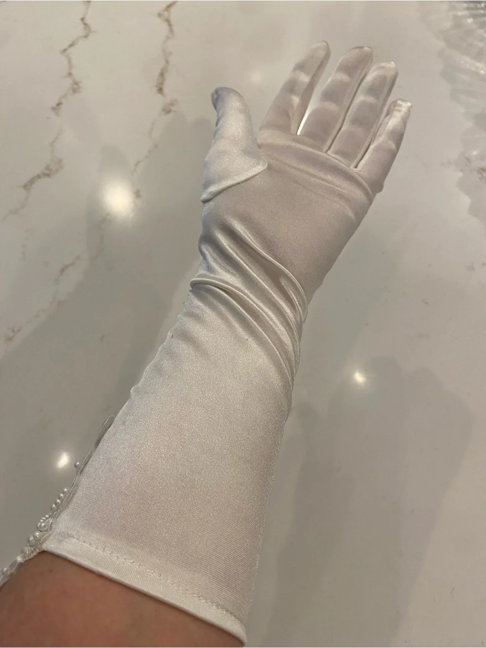Vintage Bridal Gloves White Satin Elbow Length Stretch w/ Lace Detail NEW